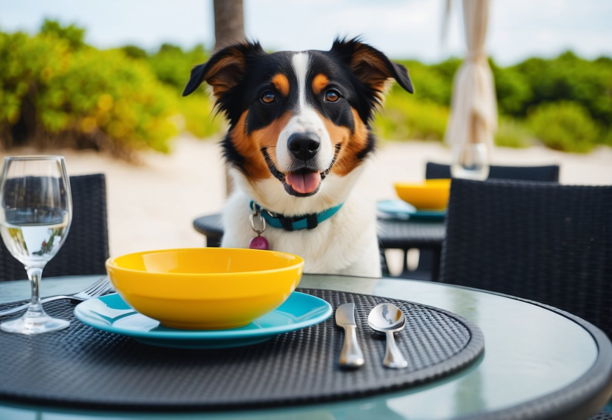 A dog sits at a table with a bowl of water, surrounded by outdoor dining scenery, such as a beach or a patio with lush greenery