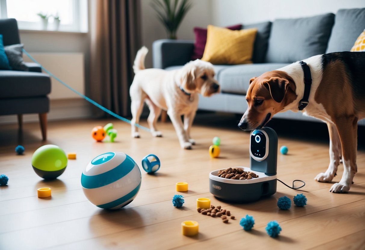 A variety of interactive toys and tech gadgets are scattered across the room. A robotic ball rolls around, while a treat-dispensing toy keeps a dog entertained. A smart feeder dispenses food at specific times