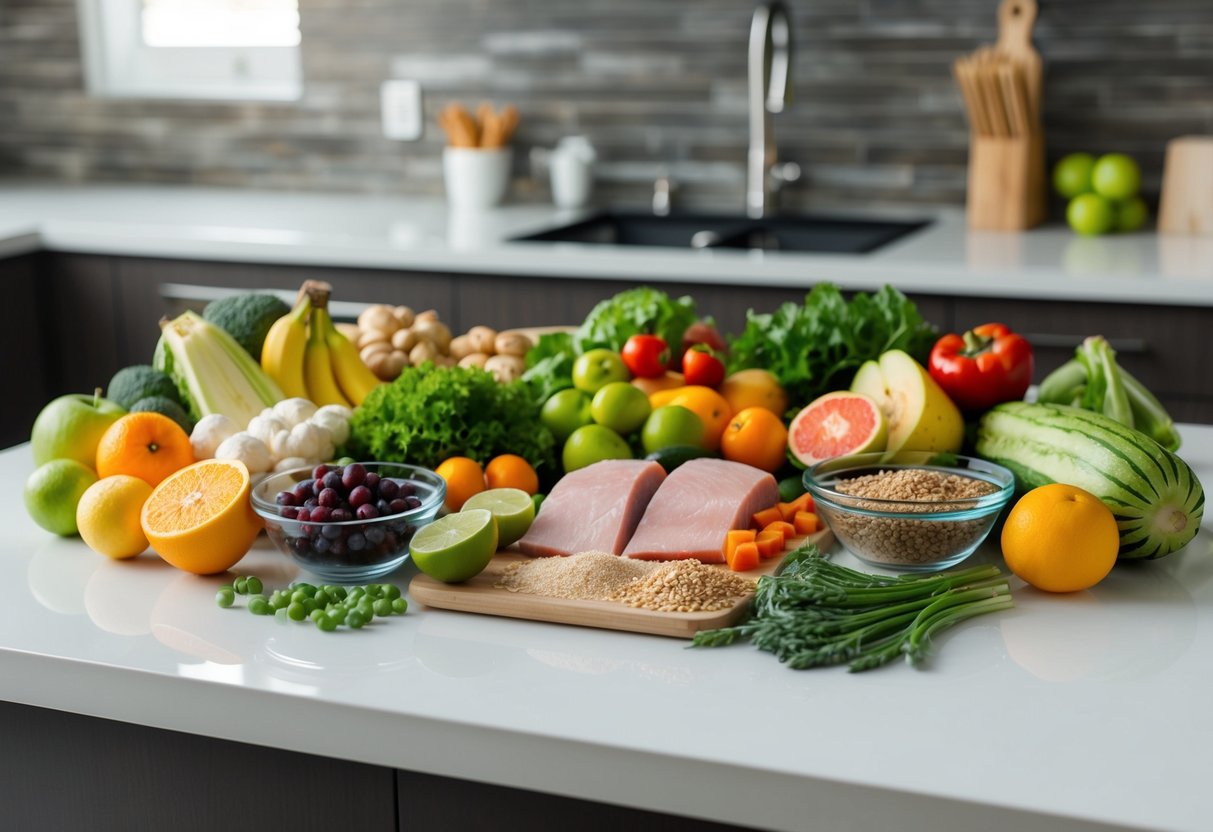 A variety of fresh fruits, vegetables, lean proteins, and whole grains are arranged on a clean, organized countertop, ready to be portioned into a balanced and nutritious meal plan for a pet