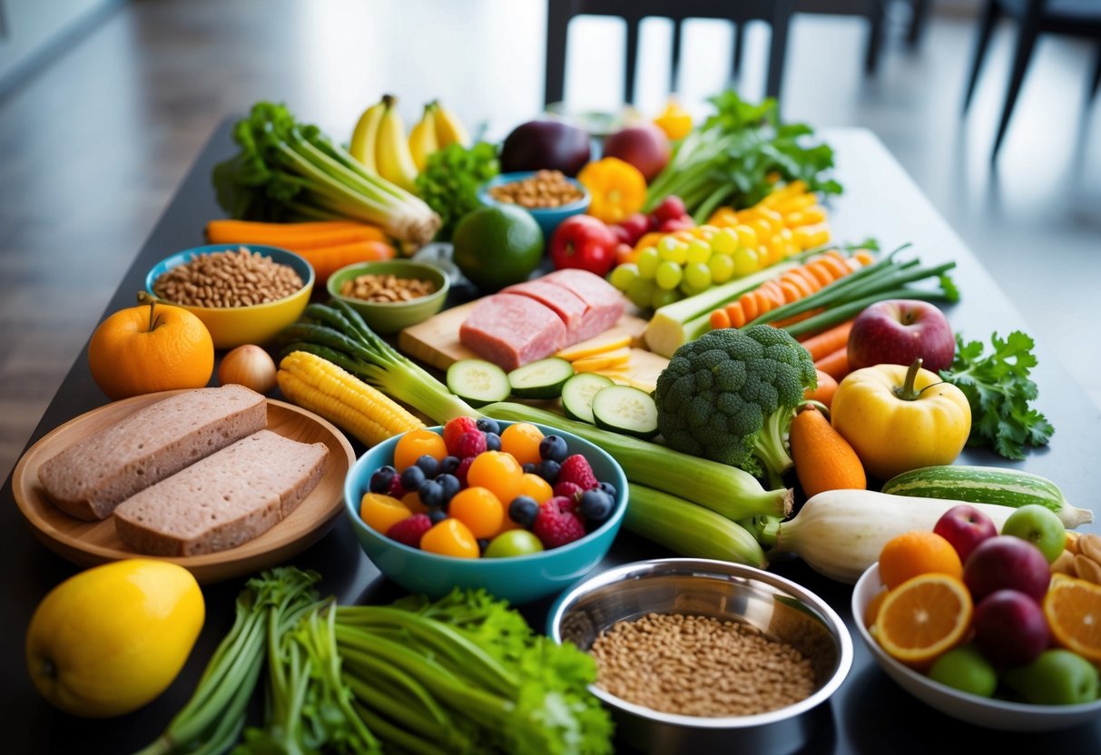 A colorful array of fresh fruits, vegetables, lean proteins, and whole grains spread out on a table, with a pet food bowl and water dish nearby