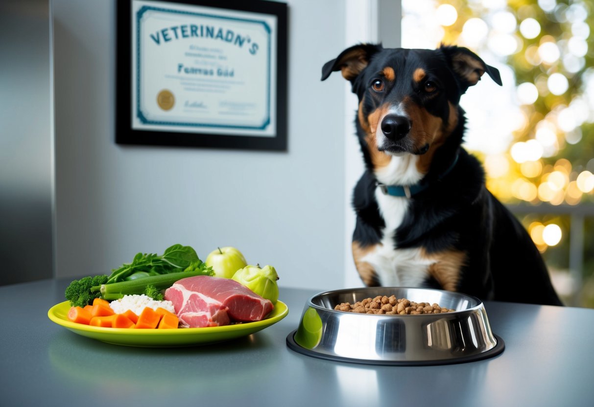 A dog bowl filled with fresh water sits next to a balanced meal of meat, vegetables, and grains. A veterinarian's certificate hangs on the wall