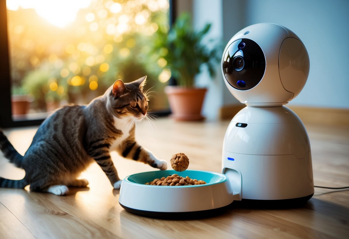 A smart pet feeder dispenses food into a bowl while a robotic ball entertains a cat. A camera with a treat dispenser allows remote interaction with pets