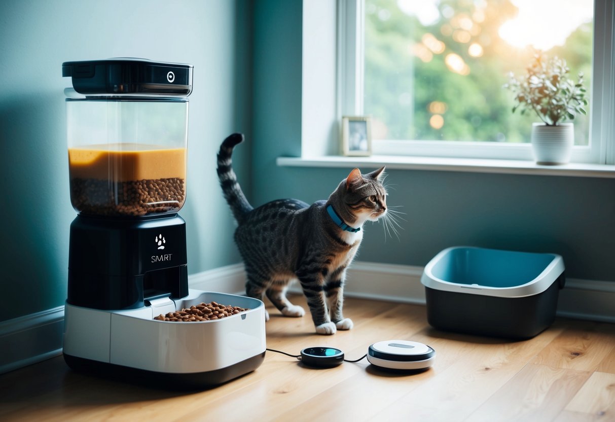 A smart pet feeder dispenses food, while a robotic toy entertains a cat. A GPS pet tracker attaches to a collar, and a self-cleaning litter box sits in the corner