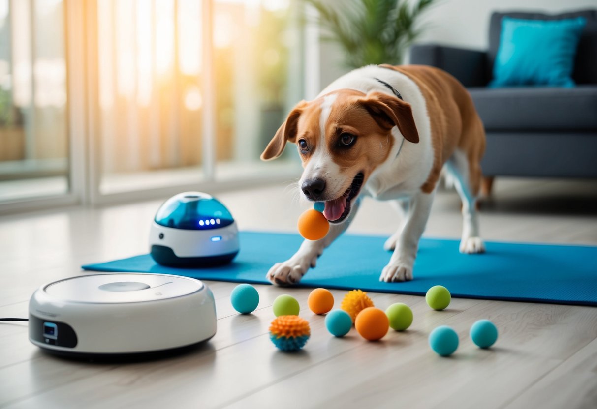 A playful dog interacts with a variety of cognitive and physical health toys, while nearby, a robotic pet care gadget simplifies feeding and monitoring