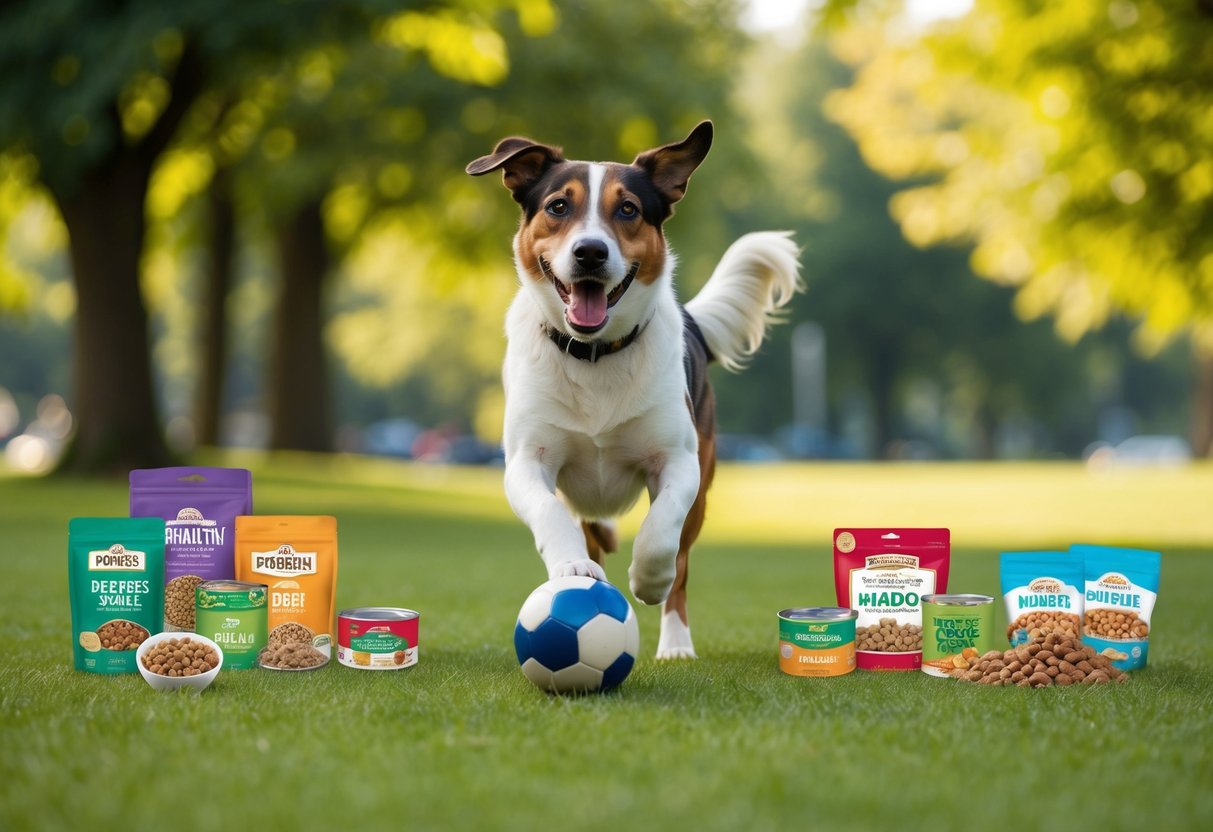 A playful dog chasing a ball in a green park, surrounded by a variety of healthy pet food and engaging toys