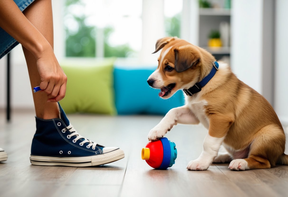 A playful puppy being redirected from chewing on a shoe to playing with a toy