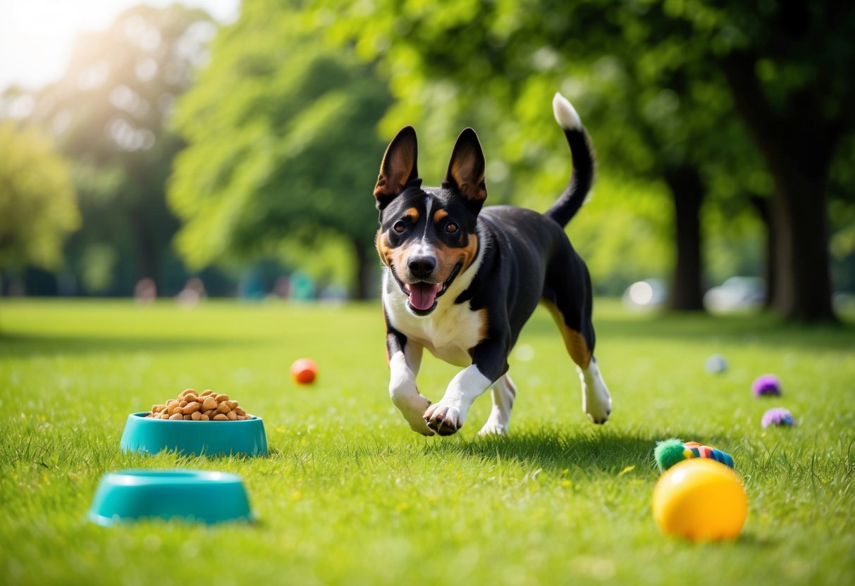 A playful dog running through a lush green park, with a bowl of nutritious food and a variety of toys scattered around