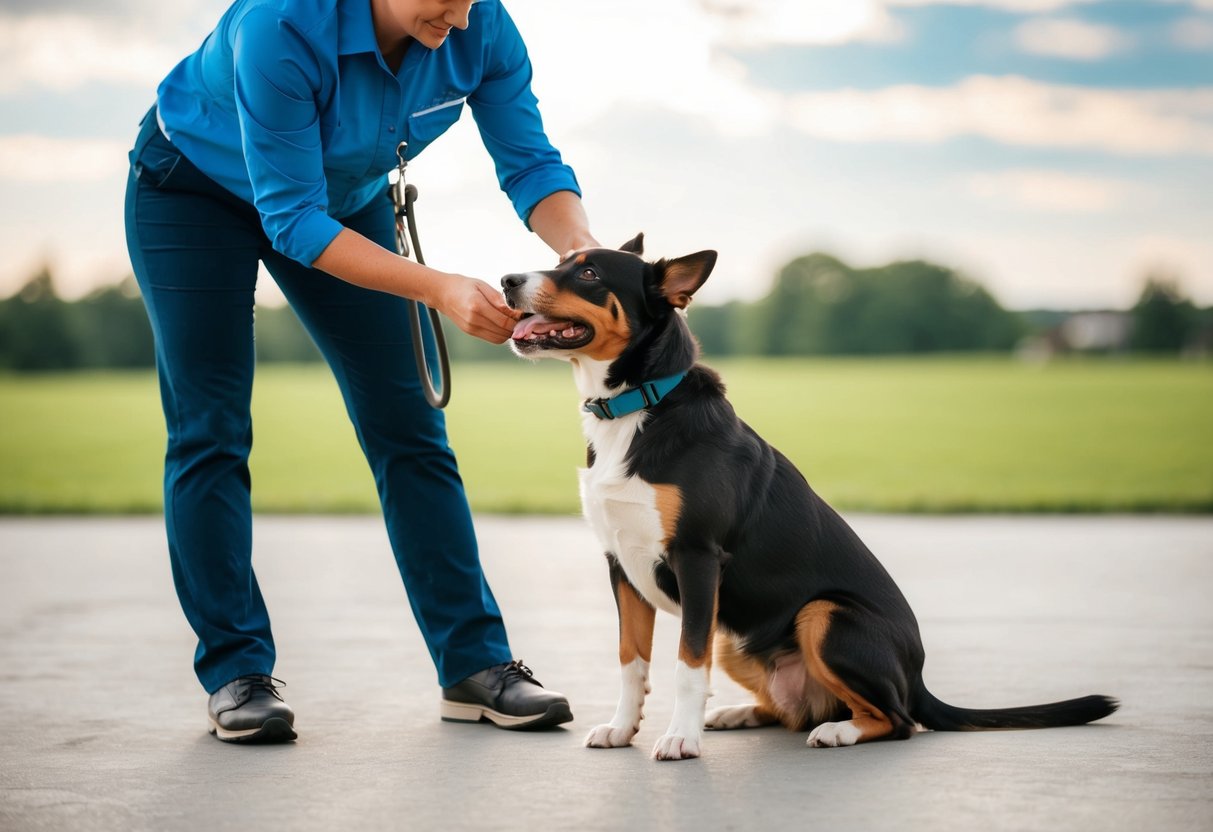 A dog trainer using positive reinforcement to redirect a dog from unwanted behaviors and encourage positive habits