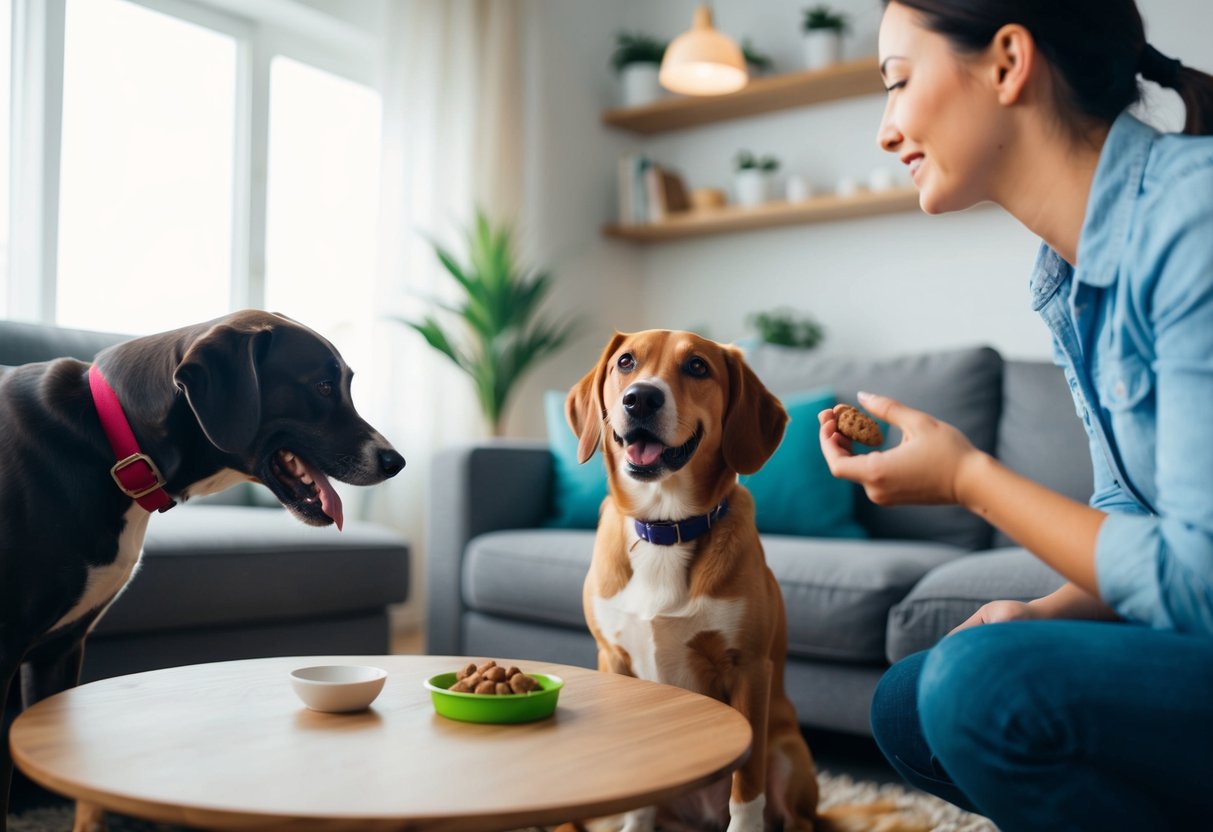 A dog receiving a treat for good behavior, while another dog is being redirected away from chewing on furniture