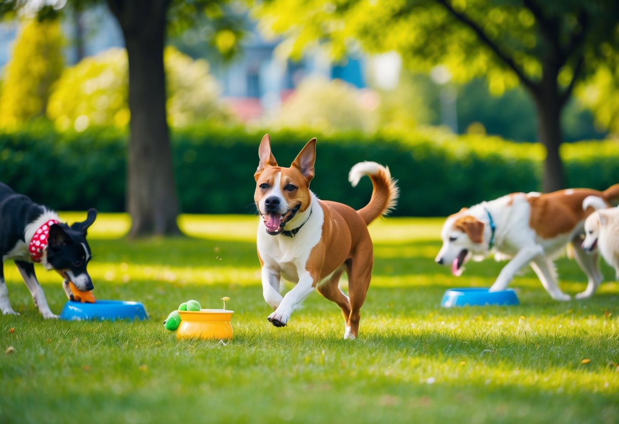 A dog running through a park, surrounded by vibrant greenery and engaging in various activities such as playing with toys, eating from a bowl, and interacting with other animals