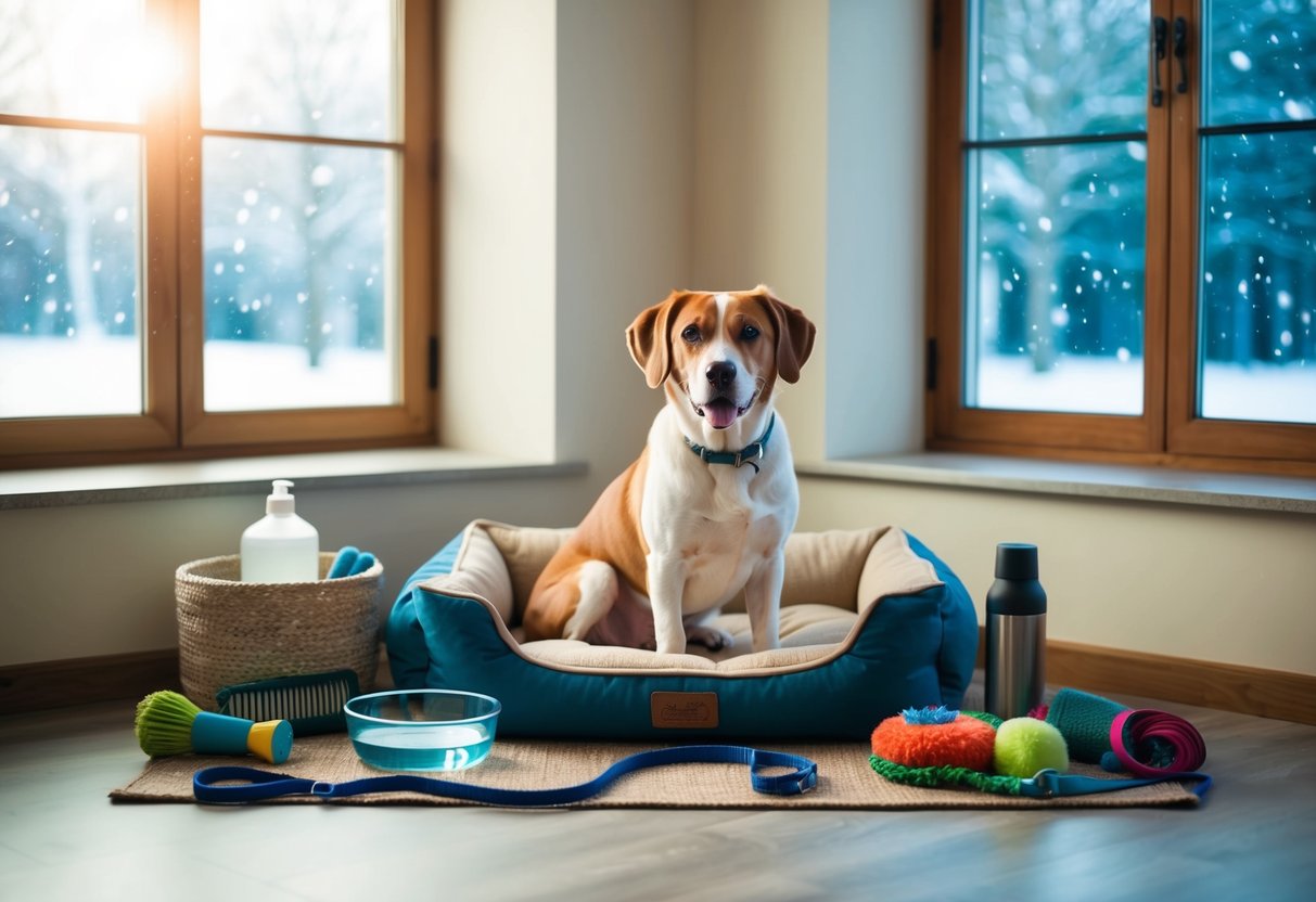 A dog sits surrounded by seasonal pet essentials: a cozy bed, water bowl, leash, toys, and grooming supplies. Outside the window, the scene changes from sunny to snowy