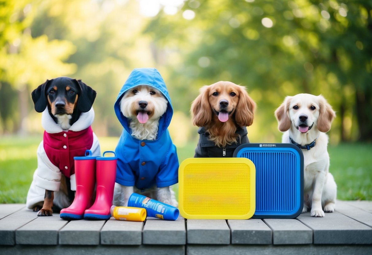 A variety of pet essentials arranged by season: winter coats, rain boots, sunscreen, and cooling mats