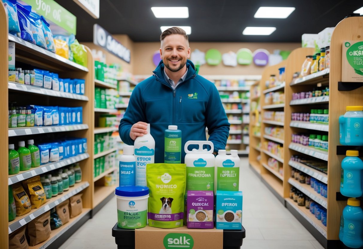 A pet owner stocking up on seasonal pet essentials, including nutrition and hydration products, at a well-stocked pet store