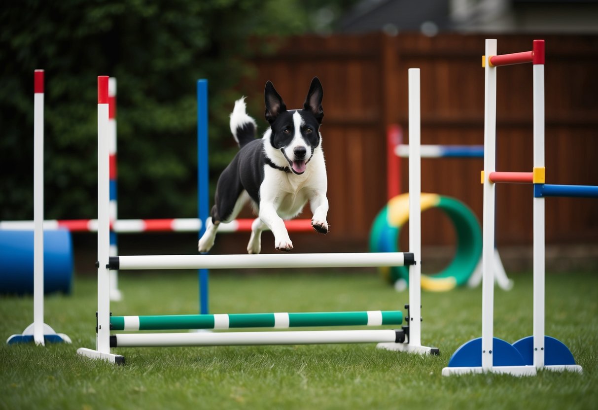 A dog navigating through a homemade agility course in a backyard, jumping over hurdles, weaving through poles, and running through tunnels