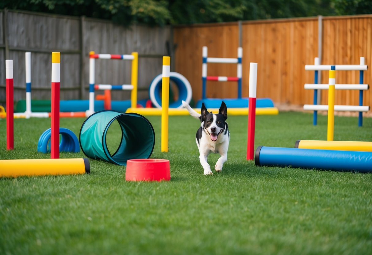 A backyard filled with various obstacles such as hurdles, tunnels, and weave poles arranged in a challenging yet safe layout for a dog agility course