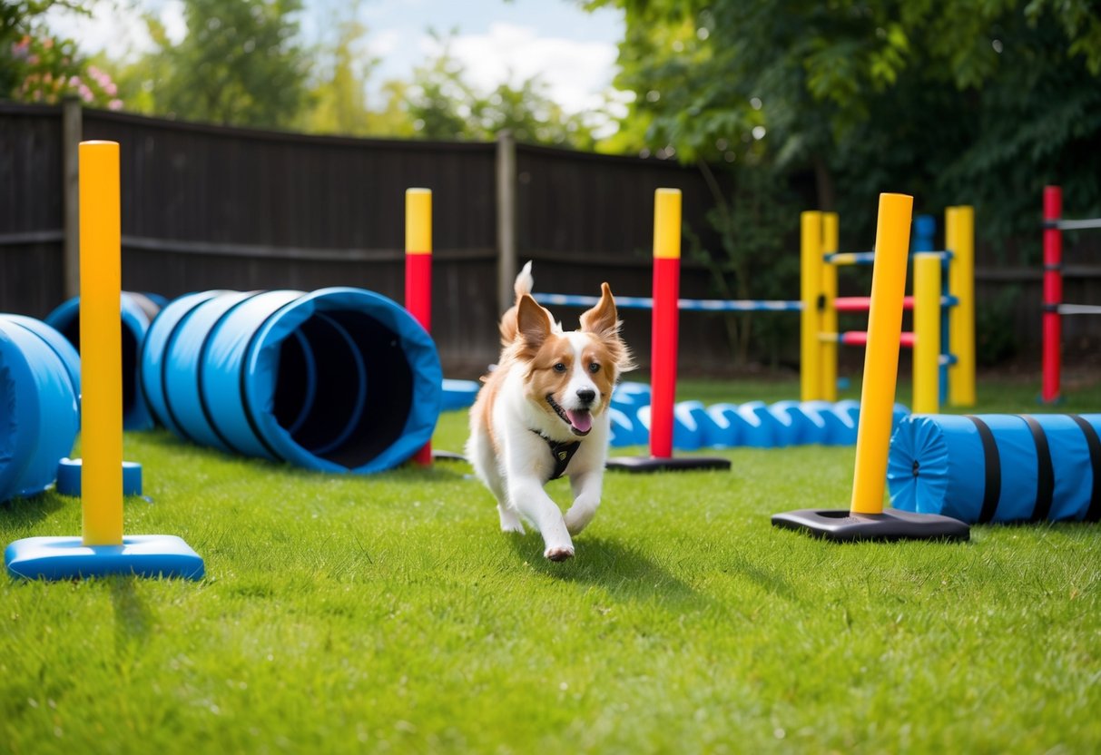 A backyard filled with various obstacles such as tunnels, hurdles, and weave poles, all safely secured and padded for a dog to navigate through