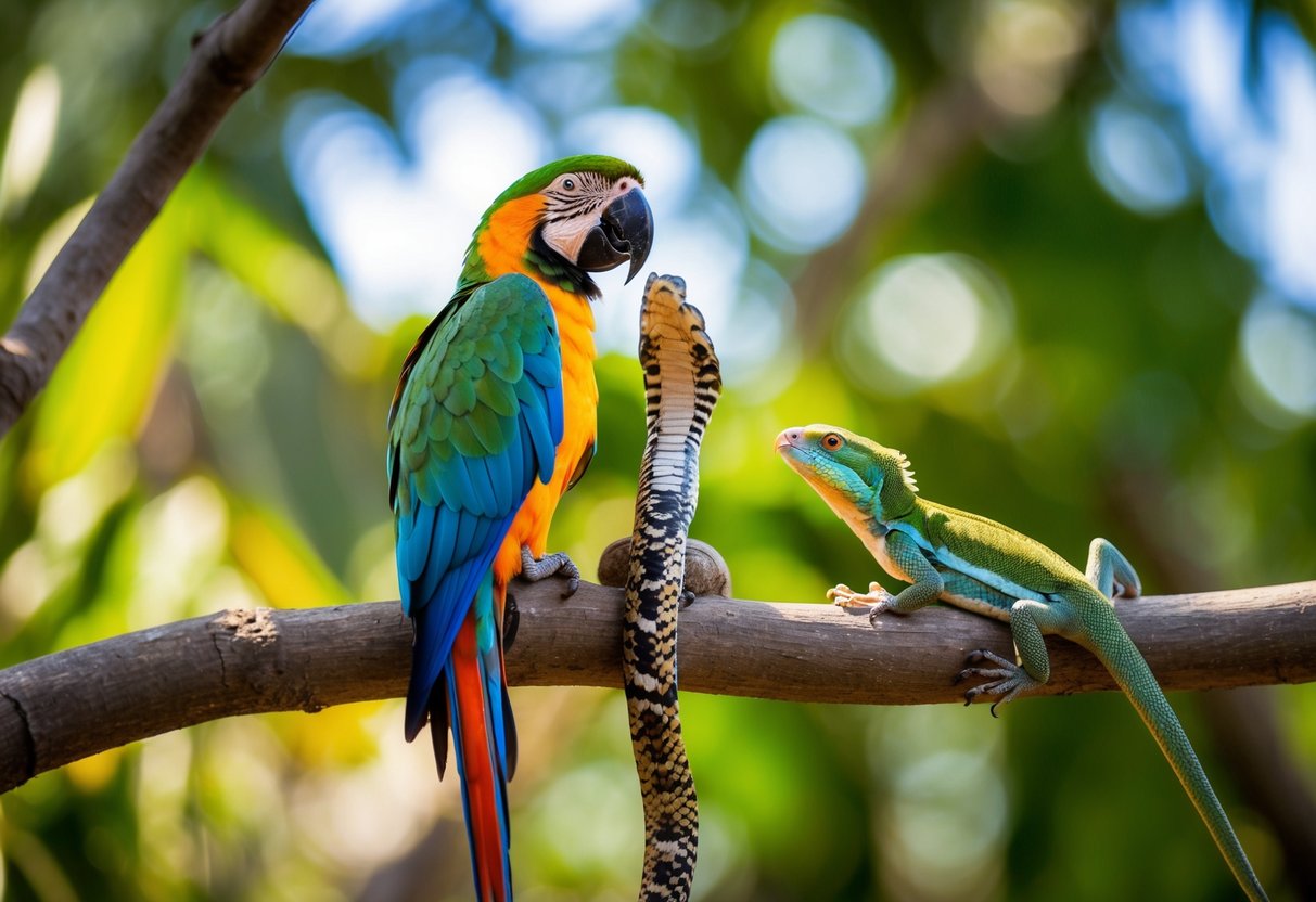 A colorful parrot perched on a branch next to a slithering snake, with a lizard basking in the sun nearby