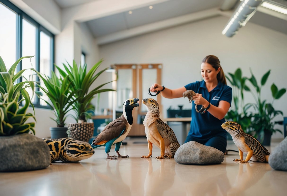 A variety of exotic pets, including birds and reptiles, are being trained in a spacious, well-lit room with plenty of natural elements such as plants and rocks