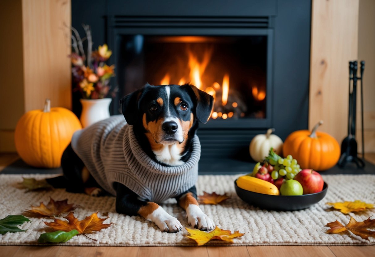 A dog wearing a cozy sweater sits by a crackling fireplace, surrounded by autumn leaves and a bowl of seasonal fruits and vegetables