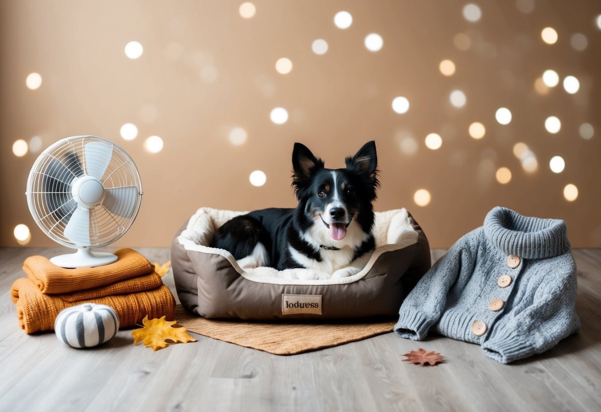 A cozy pet bed surrounded by seasonal items like a warm blanket, a fan for summer, and a cozy sweater for winter