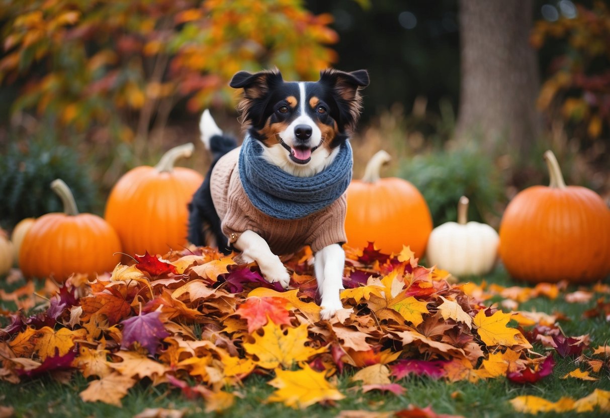 A dog playing in a pile of colorful fall leaves, with a warm sweater and a scarf on, surrounded by pumpkins and autumn decorations